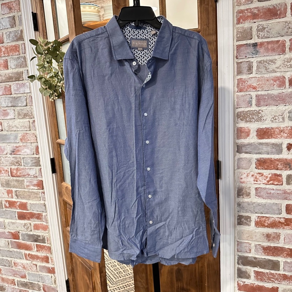 Ted Baker Button Up Men Blue Herringbone Long Sleeve Cotton Shirt Office XXL